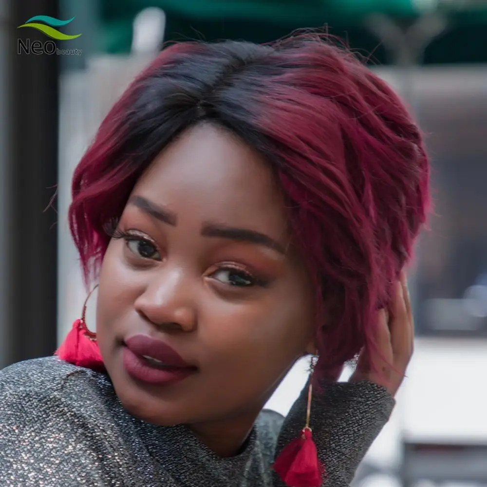 Волосы Омбре бордовые человеческие парики короткие прямые естественный цвет 150%