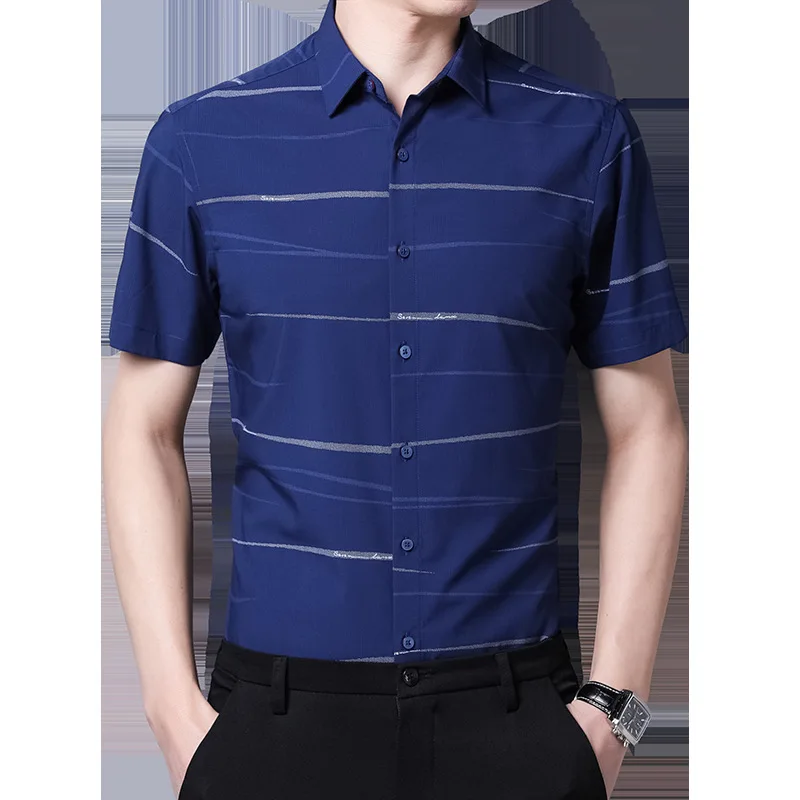 

2021 spring new Lapel short sleeve shirt men's business casual stripe young and middle-aged shirt