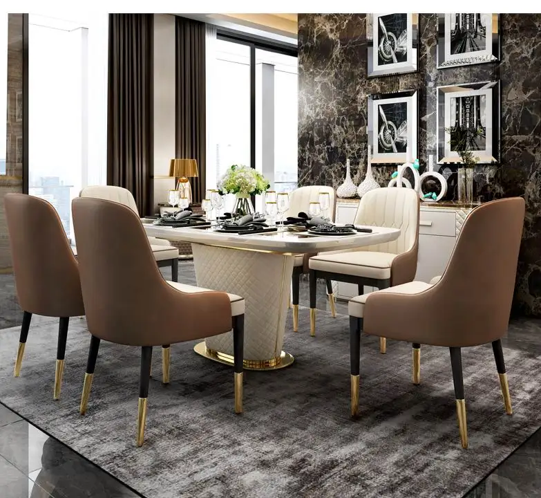 

High Quality Light Luxury Postmodern Natural Marble Table Dining Kitchen Rectangular With Six Chairs Combination Restaurant