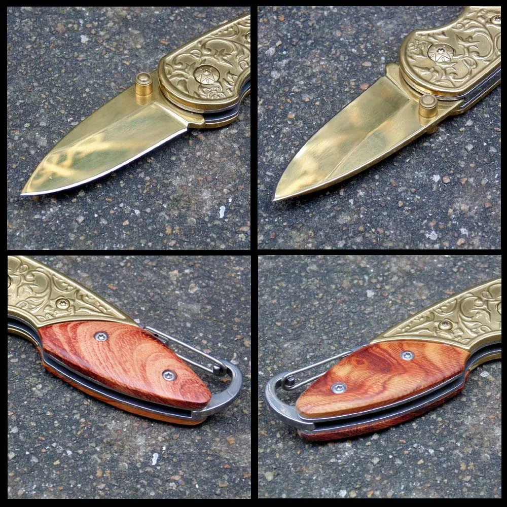 wooden handle folding knife Camping survival and self-defense portable practical Golden blade stainless steel sharp edge | Спорт и