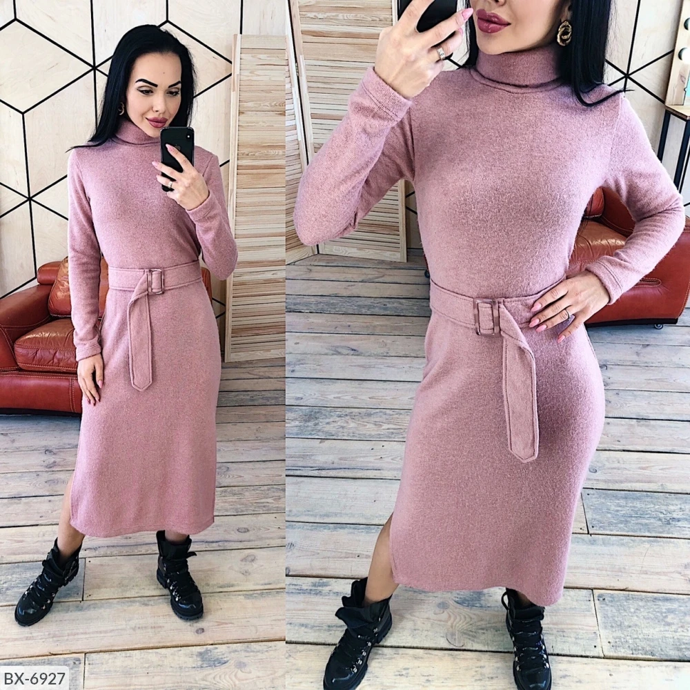 2019 осенне зимнее платье с высоким воротом и длинными рукавами вязаные платья