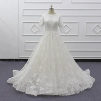 molanda hung 2021high end quality custom made wedding dress scalloped ball gown appliques lace zipper short sleeve draped sj071