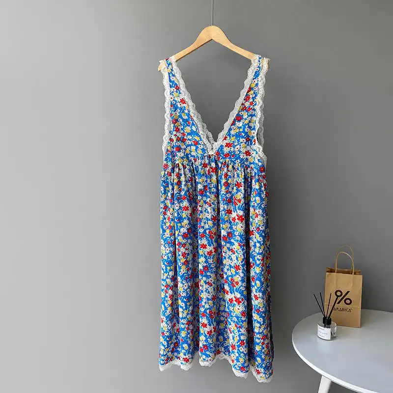 

COZOK Floral Suspender Dress Female 2021 Summer Lace French First Love Long Skirt 5165