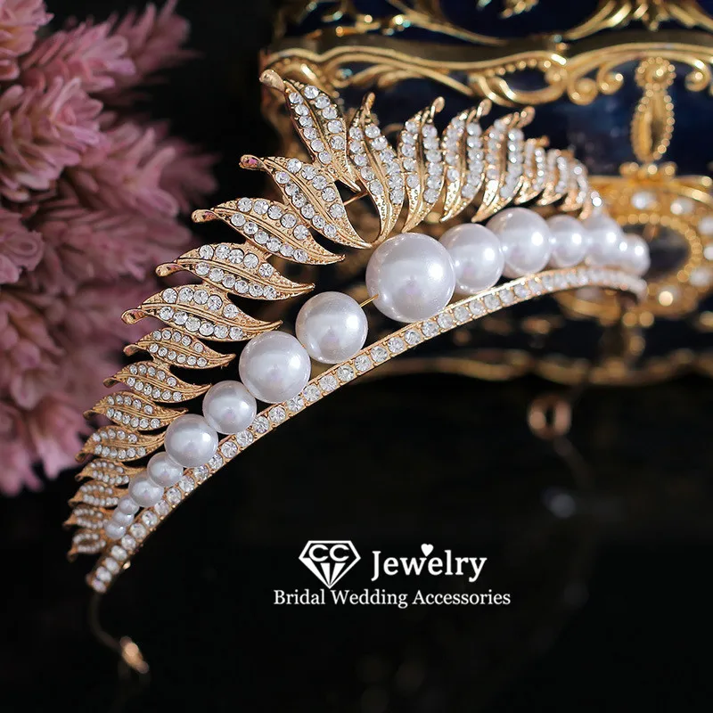 

CC жемчужная Корона Свадебные аксессуары для женщин свадебные головные уборы обручальные украшения для волос в форме листа винтажные диаде...
