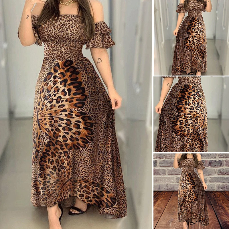 

Butterfly Printed Dress Leopard Print High Waist Ruffled Sleeves Long Dress for Women LXH