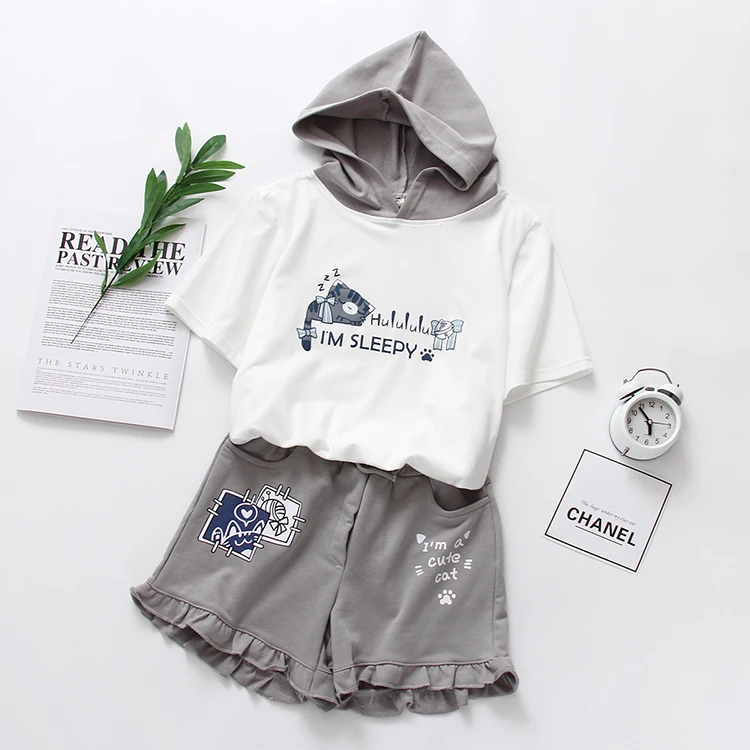 Merry Pretty женские комплекты из двух частей топы и шорты мультфильм печати с капюшоном толстовки и Карманы эластичный пояс прямые шорты