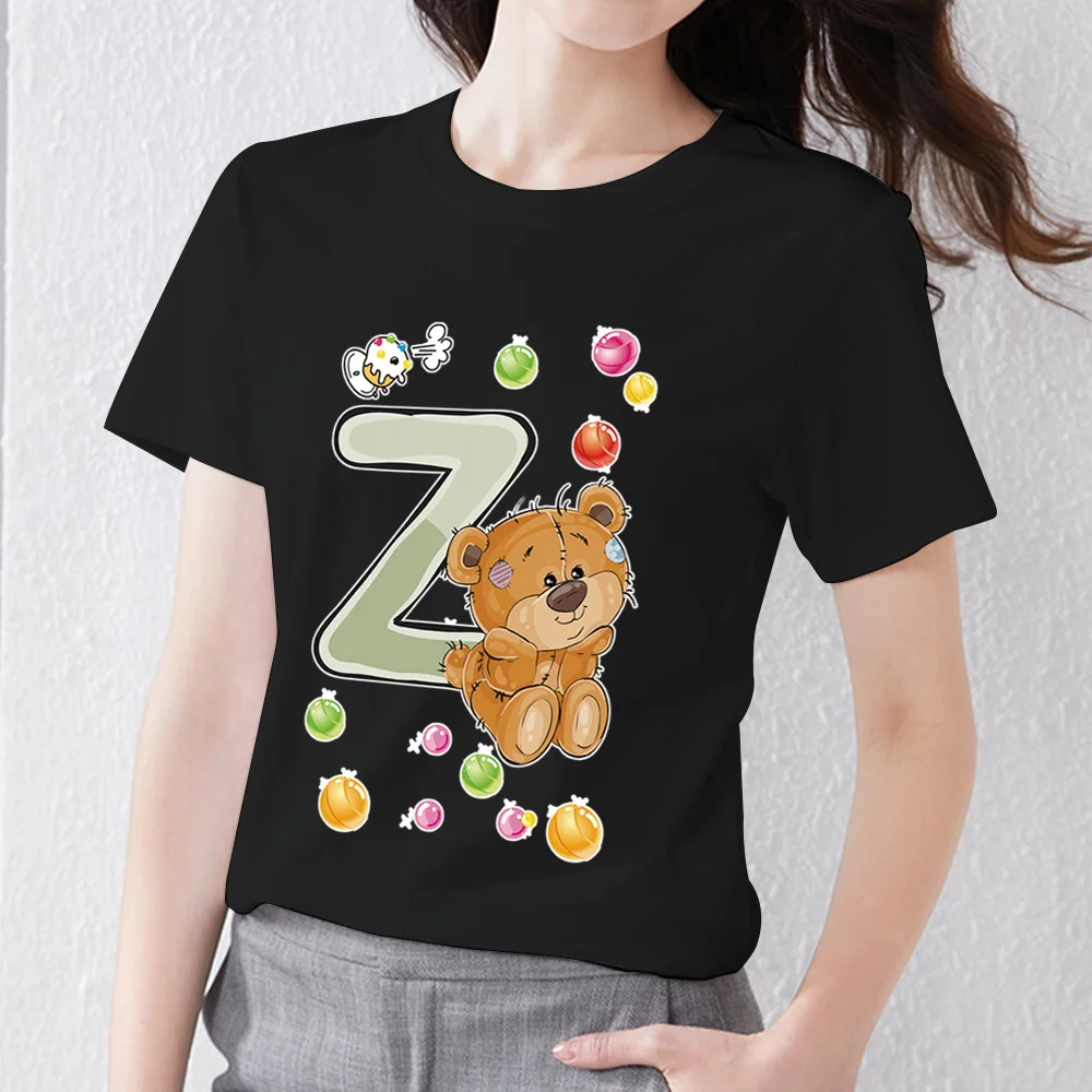 

Casual T-shirt Woman Clothes Slim Initial Name Z Letter Commuter Cartoon Bear Print Round Neck Series Black Soft Top XXS－XXXL