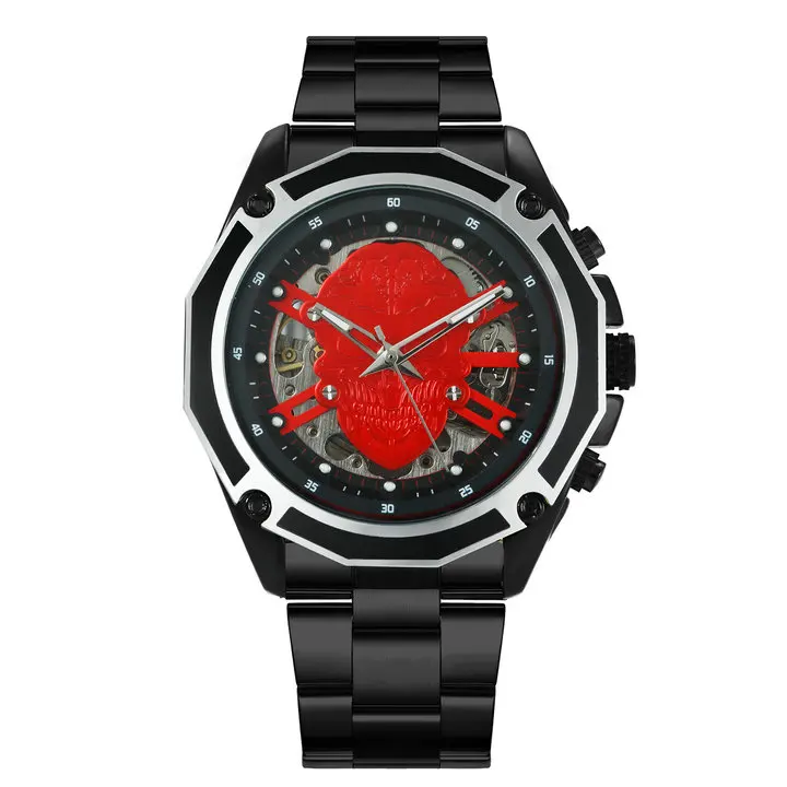 BLACK RED WINNER официальные деловые мужские часы Топ бренд класса люкс автоматические механические мужские часы с изображением скелета циферблат 3D череп наручные часы хип-хоп - Цвет: BLACK RED
