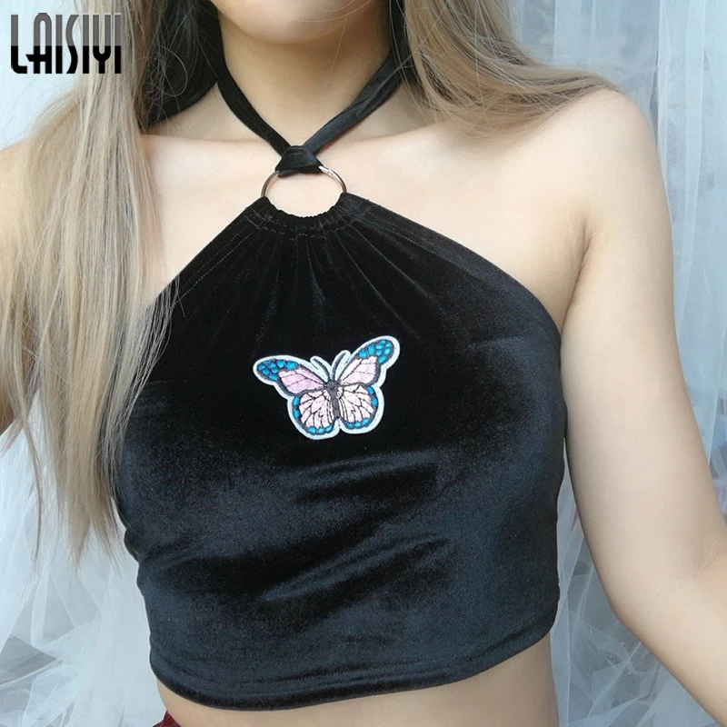 Женский бархатный топ с аппликацией бабочки LAISIYI черный пикантный укороченный