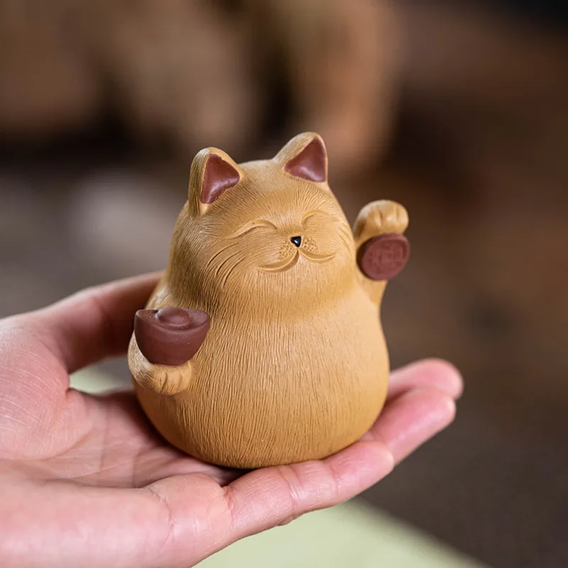 

New Yixing Zi Sha Tea Pet Cat Decoration Handmade Sculpture Creative Ingot Lucky Cat Can Raise Tea Set Tea TrayDecor Accessories