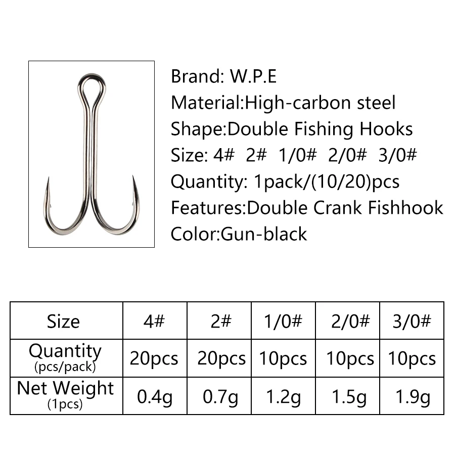 W.P.E 10-20 шт./упак. двойные рыболовные крючки 4 #-3/0 # из высокоуглеродистой стали