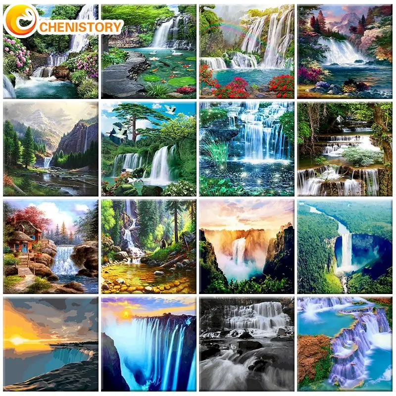 

CHENISTORY Waterfall Oil Painting By Numbers With Framed On Canvas Landscape Paint Adults Coloring By Number Drawing Picture Art