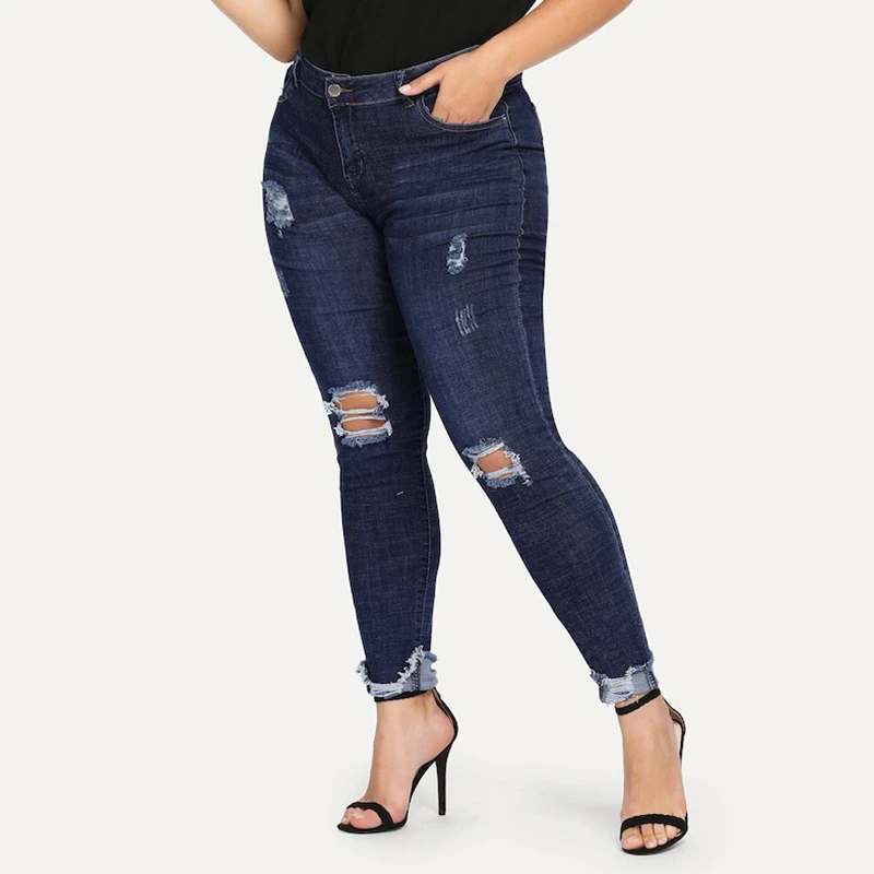 

Dilusoo Women Ripped Plus Size Jeans Pants Holes High Elastic Skinny Pencil Pants 4 Season 2020 Fat Woman Casual Jeans Trousers