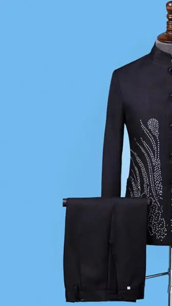 

Black blazer men groom suit set with pants mens Chinese tunic suit costume singer Standing collar stage clothing formal dress