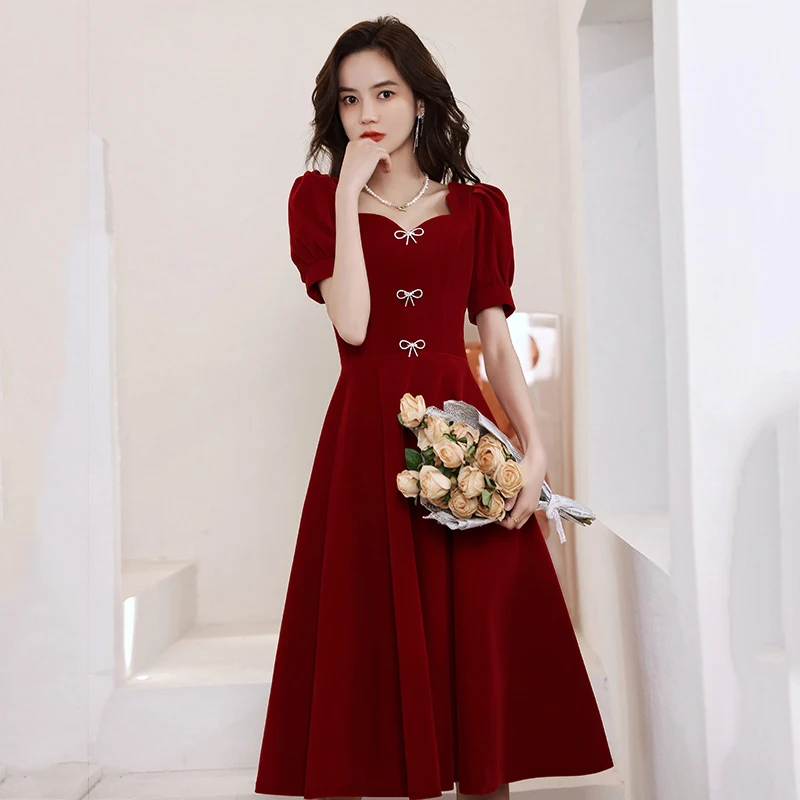 

Elegant Red Party Dress Puff Sleeve Square Collar Vintage Dinner Dresses Women 21 Summer French Slim Chic Vestidos Female LD2048