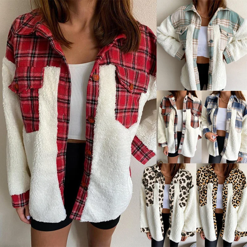 

2021 New Leopard Plaid Print Plush Stitching Warm Long-sleeved Autumn and Winter Cardigan Jacket
