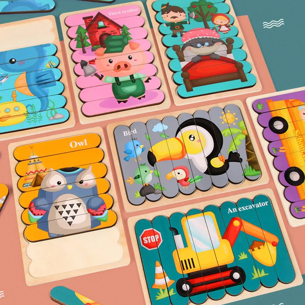 

Kids Animal 3D Wooden Puzzle Montessori Toy Strip Puzzle Telling Story Stacking Jigsaw Educational Learning Toys For Children