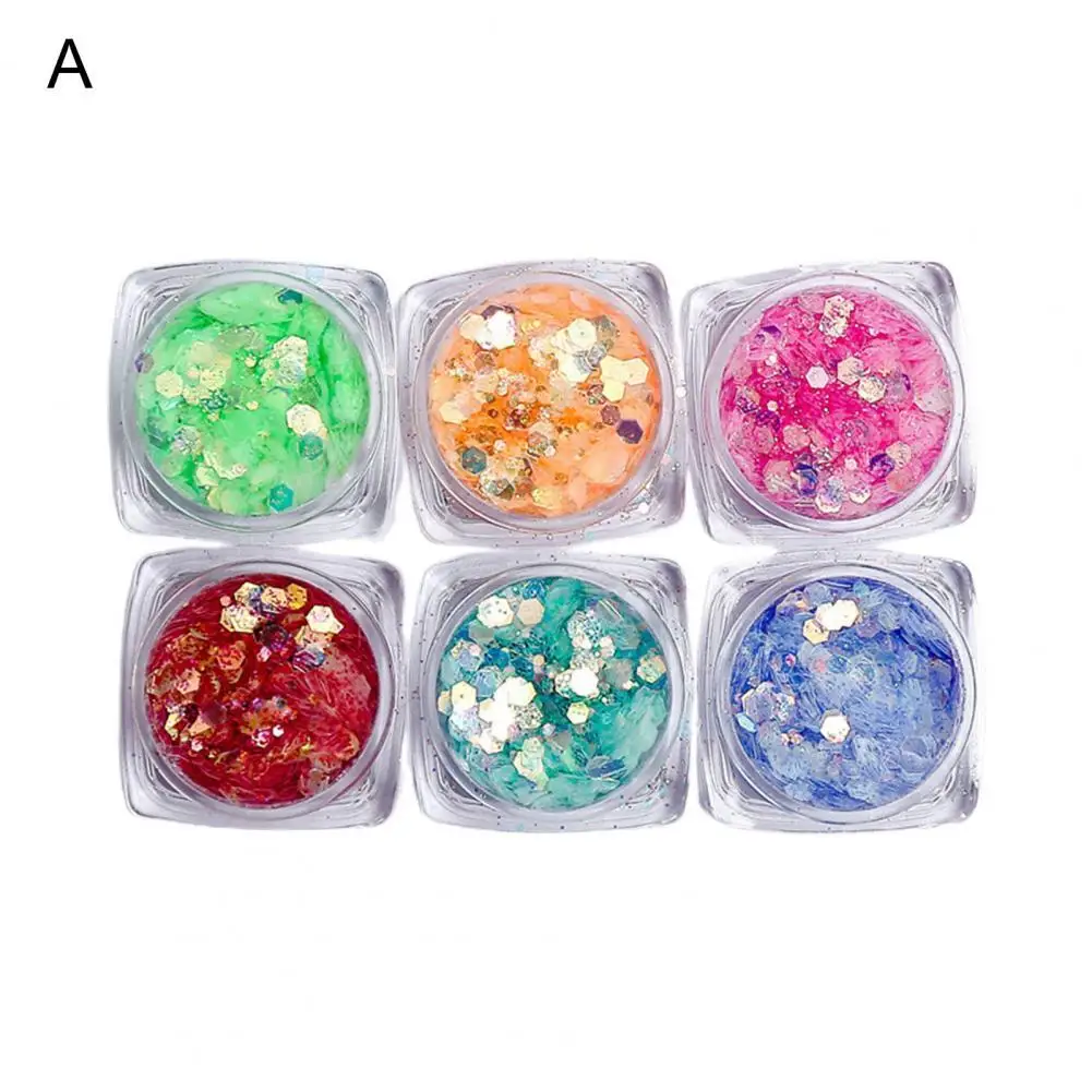 

6 Bottles/Box Manicure Glitter Creative Convenient PET Nail Ornament Stickers Particles for Photography