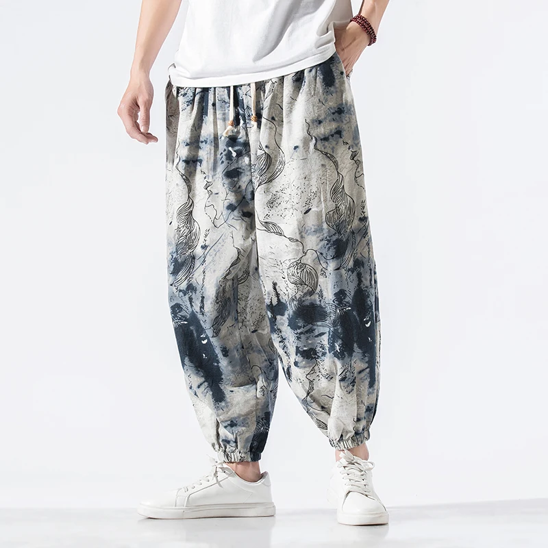 

Men Harem Pants Joggers Printed Drawstring Drop-Crotch Trousers Men 2020 Loose Korean Streetwear Cotton Casual Pants Men
