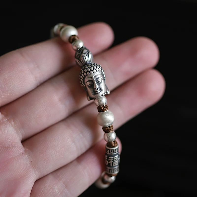 Веревочный браслет ZABRA из серебра 999 пробы с бусинами Будды для мужчин и женщин