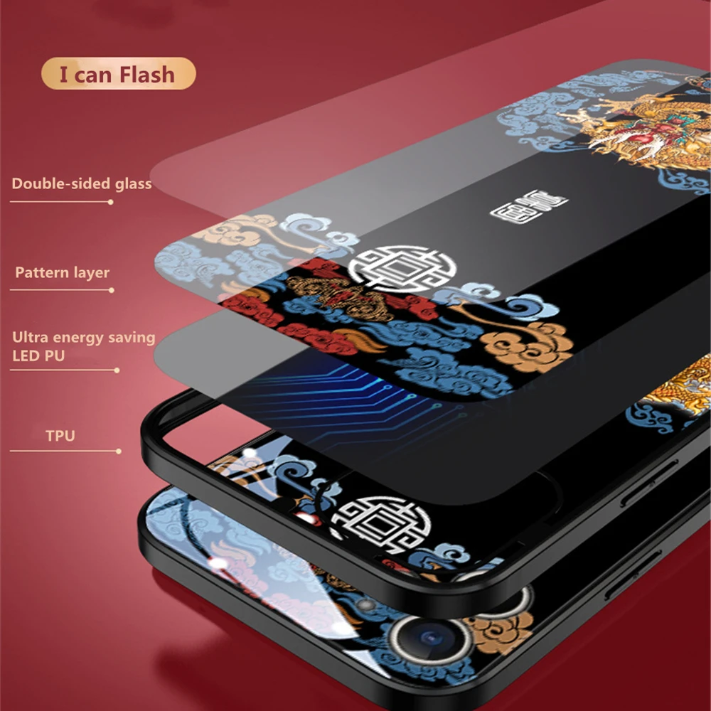 Kup Moda Chiński Styl Powodzenia Szkło Twarde LED Etui Na Telefony Dla IPhone 14 13 12 11 Pro Max żuraw Smok Totem Zwierząt Tylna Okładka