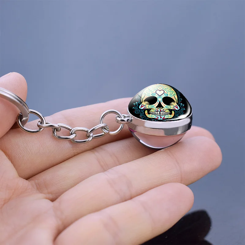 Flower Sugar Skull Keychain Head Glass Ball Key Chains Jewelry for Men Women Christmas Gifts Dropshipping | Украшения и