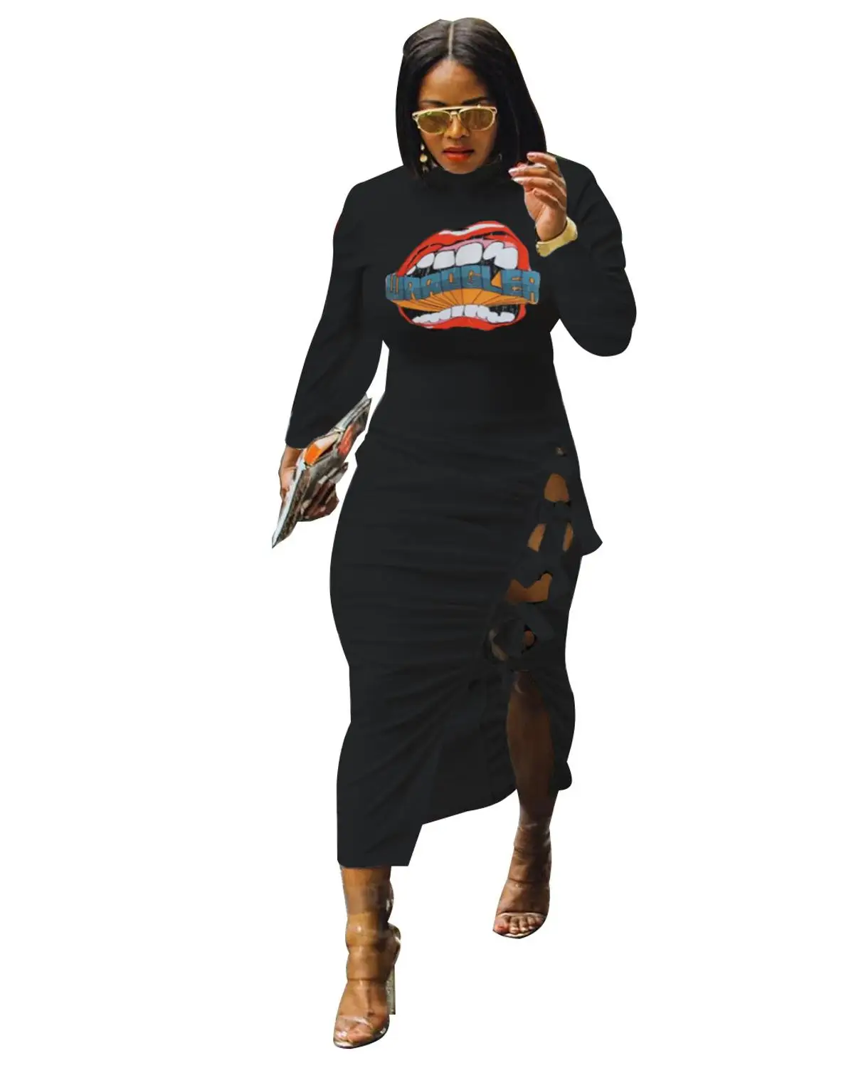 Женское облегающее платье с длинным рукавом Осеннее Платье макси принтом