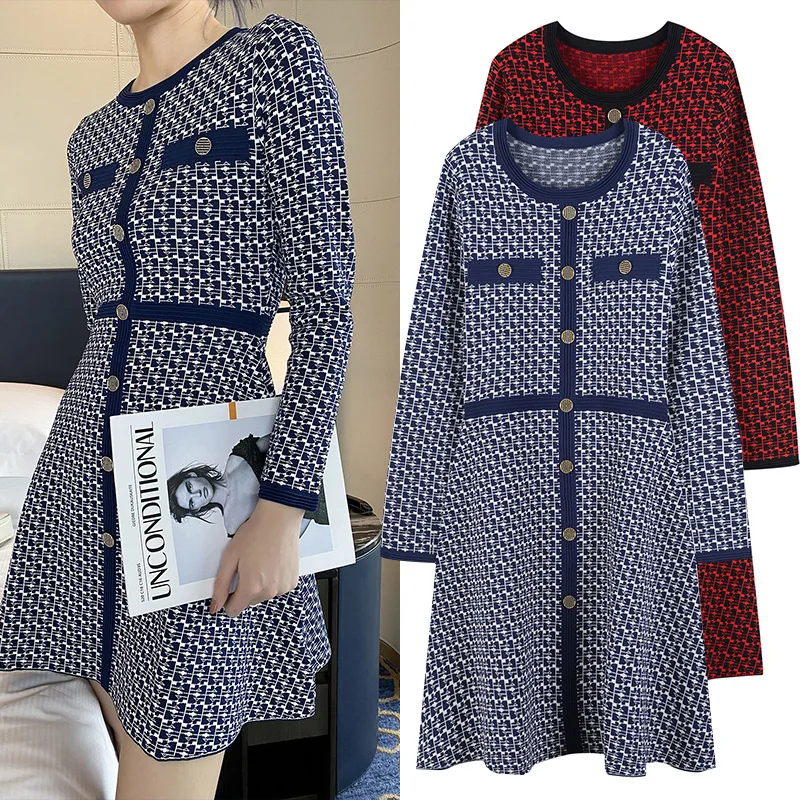 

ENGAGEMENT 2021 Round Neck Plaid Black Knit Waist Slimming French Autumn Majeth Long Sleeve Bottoming Dress