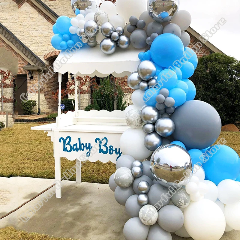 

121pcs Matte Light Blue Wedding Birthday Party Background Holiday Event 4D Silver White Balloon Arch Garland Table Decoration