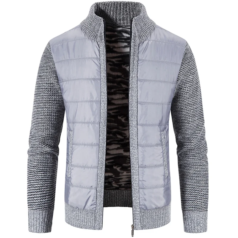 Зимнее пальто Новый мужской свитер кардиган на молнии в стиле пэчворк теплый