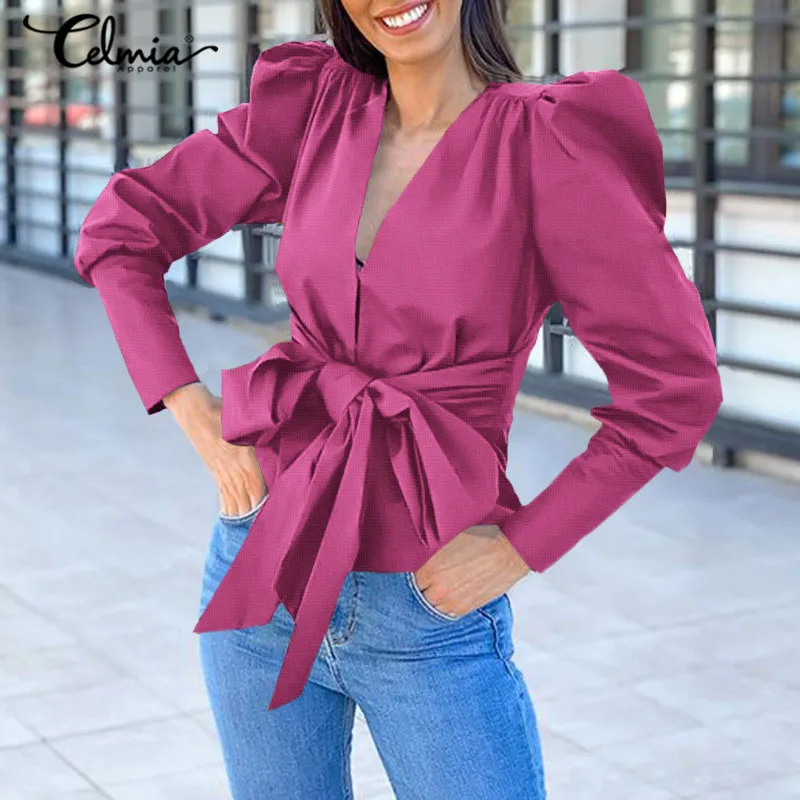 

Celmia 2021 Fashion Elegant Bow Shirt Women Sexy V-neck Blouse Elegant Office Tops Puff Sleeve Pleated Solid Bandage Party Blusa