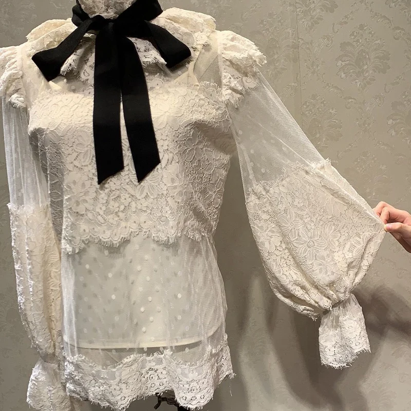 Женская кружевная блузка с бантом и воротником-стойкой полупрозрачная рубашка