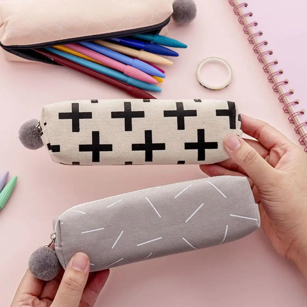 Чехол карандаш с плюшевыми шариками для девочек милая холщовая косметичка сумка