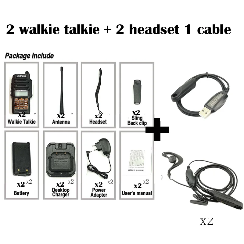 Add 2 headset 1cable 2PCS New 100%original Baofeng UV-9R Plus IP67 WaterproofRadio Walkie Talkie 8W UHF&VHF 128CH 2800mAh Walkie Talkie Radio Station - Цвет: Add 2 headset 1cable