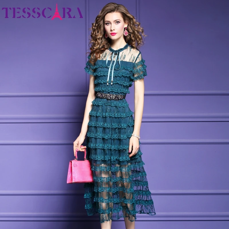 Женское длинное роскошное кружевное платье TESSCARA высококачественное элегантное