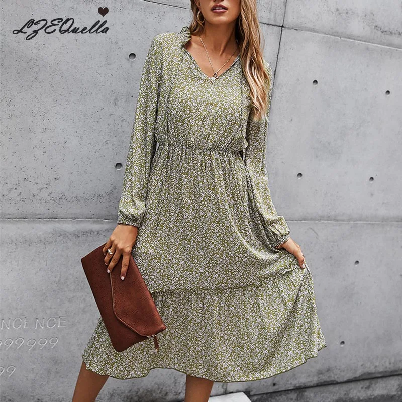 

LZEQuella Women Floral Print Long Dress Spring Autumn Vintage V Neck Pleated High Waist Sleeve Boho Ladies Clothes 2021