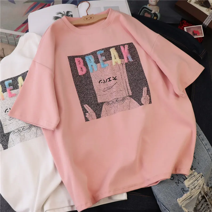 

Korean Style Colorful Plush Letter Paper Bag Man Shadow Cartoon Brushed Short Sleeve T-shirt Loose round-Neck Shirt Female