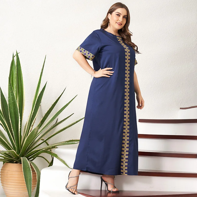

New Summer Plus Size Women's Dress Elegant Golden Plaid Stitching Loose Short-Sleeved Long Slim Dark Casual Blue Maxi Dresses