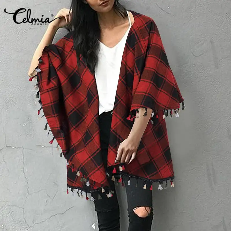 

Женское зимнее пончо в клетку, с кисточками и рукавом летучая мышь