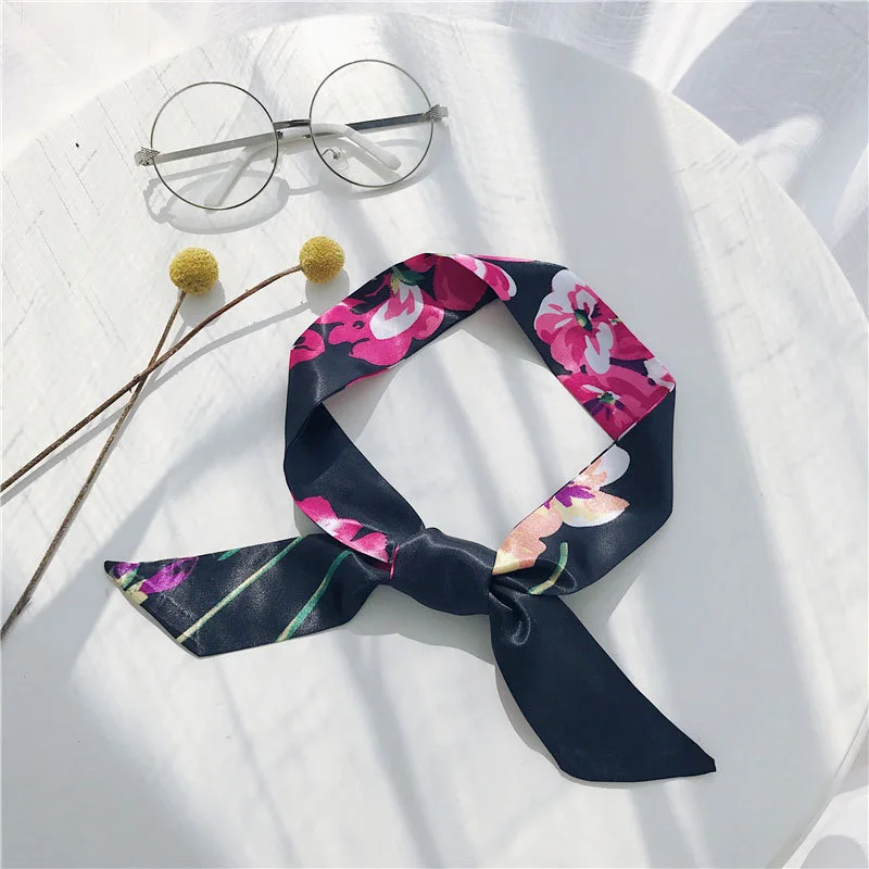 

95cm Scarf Women Autumn Silk Printed Scarf Colorful Small Ribbon Elegant All-match Stylish Wild Green Flowers Neckerchief