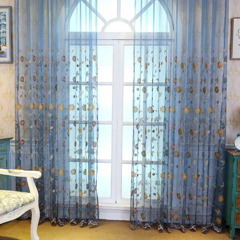 

Luxury Leaves Rustic Curtain For Living Room Balcony Blue Sheer Lace Floral Voile Kitchen Drape Tulle Curtain X066#40