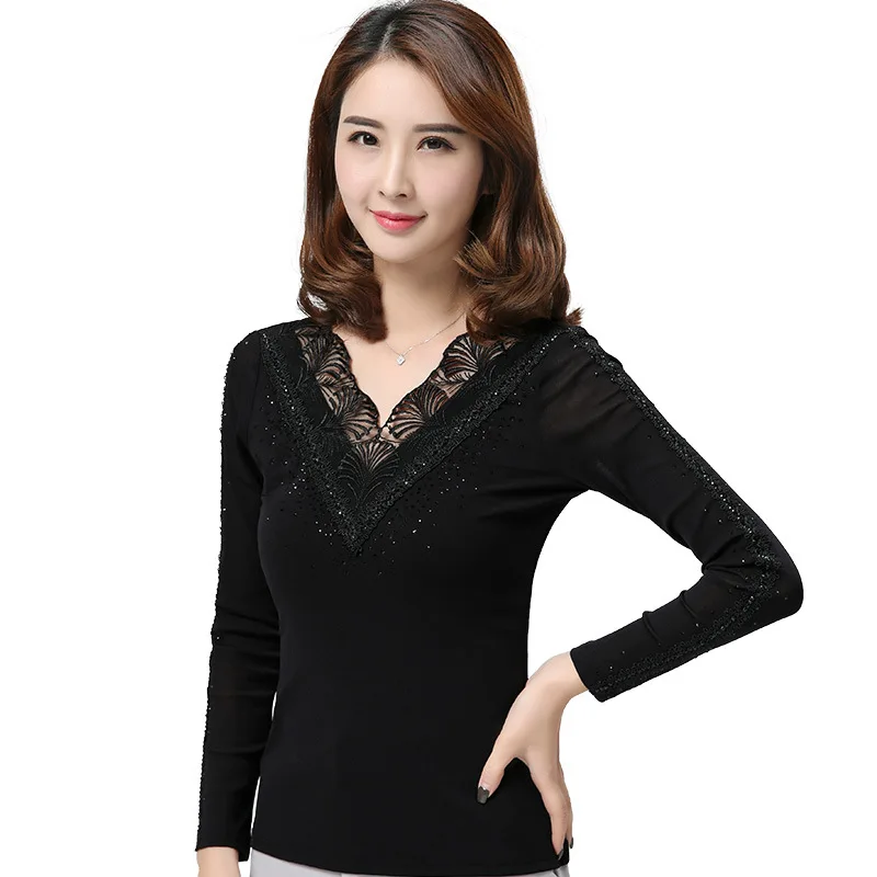 

2020 Quality Autumn Lace V-neck Base Shirt Large Size All-match Solid Color Women's Small Shirt T-shirt