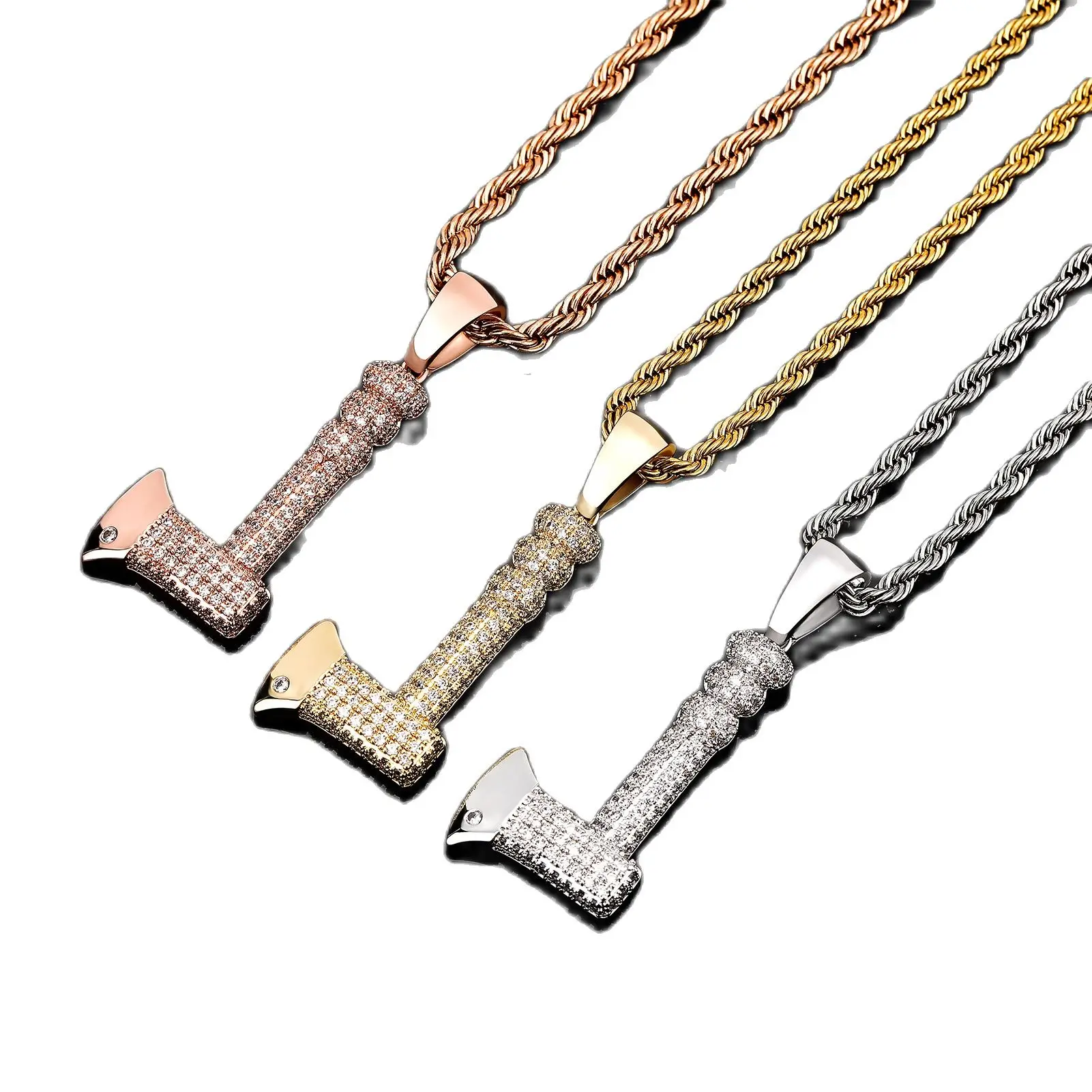 

2021 New Bling Iced Out Brass CZ Zicon Axe Charm Pendant Hip Hop Neckalce Gold Collier Bijoux Gift for Women Man Fashion Jewelry