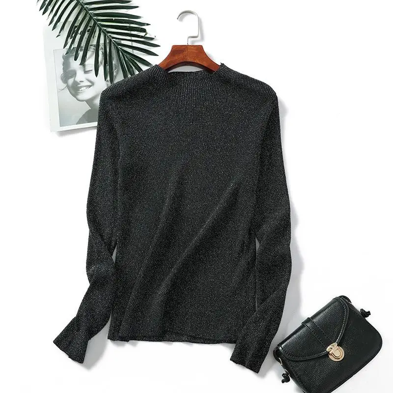 Блестящий свитер с люрексом на осень и зиму Женский пуловер длинным рукавом