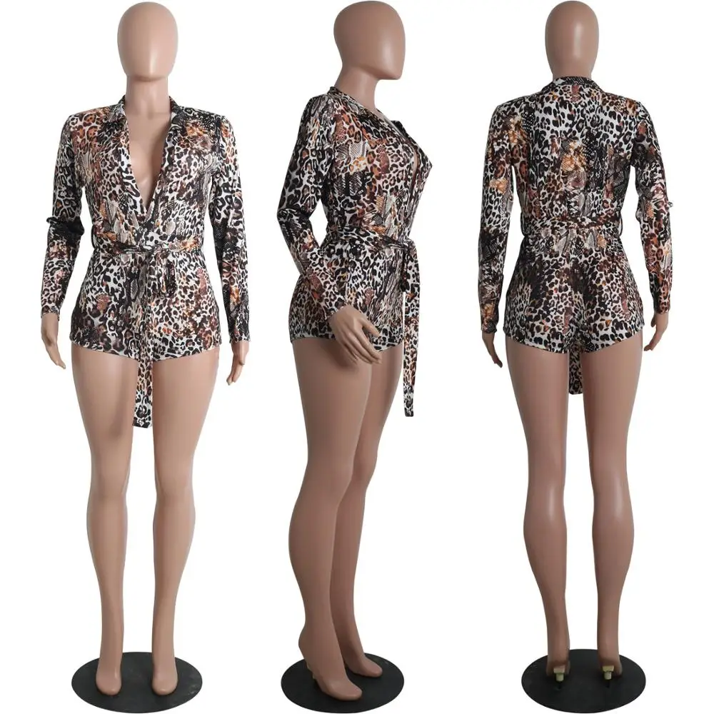 

Echoine Cheetah Leopard Playsuit for Women Sexy Bodycon Body Suit Turn Down Collar Long Sleeve Printed Romper Jumpsuits Belt