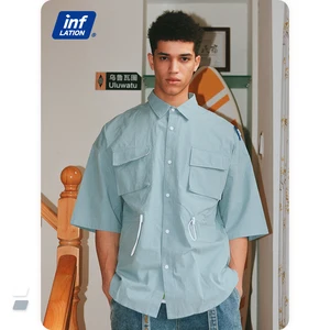 Рубашка мужская в стиле Харадзюку, простая повседневная модная рубашка оверсайз с короткими рукавами, с кулиской, 2208S21