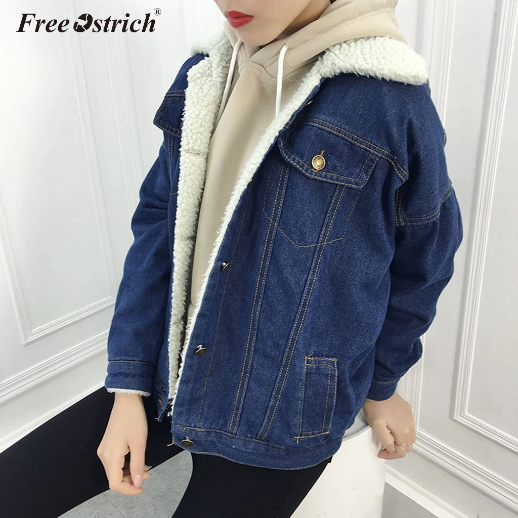 Женская Плотная джинсовая куртка Free Ostrich флисовая из денима с воротником