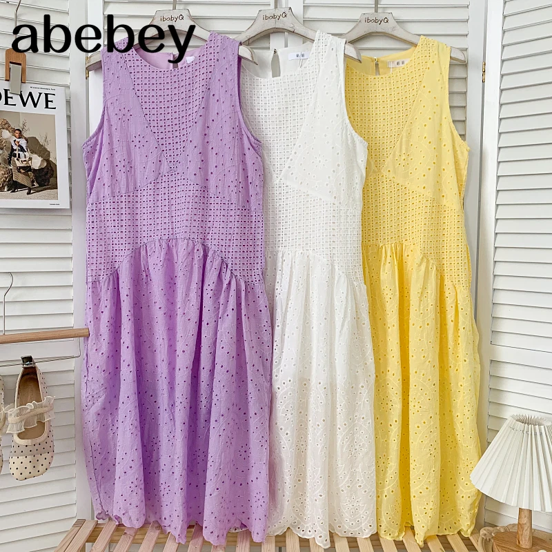 

Temperament O-neck sleeveless Dress Embroidery Crochet hollow out high waist mid-length A-line Vest Dress 2021 New Summer