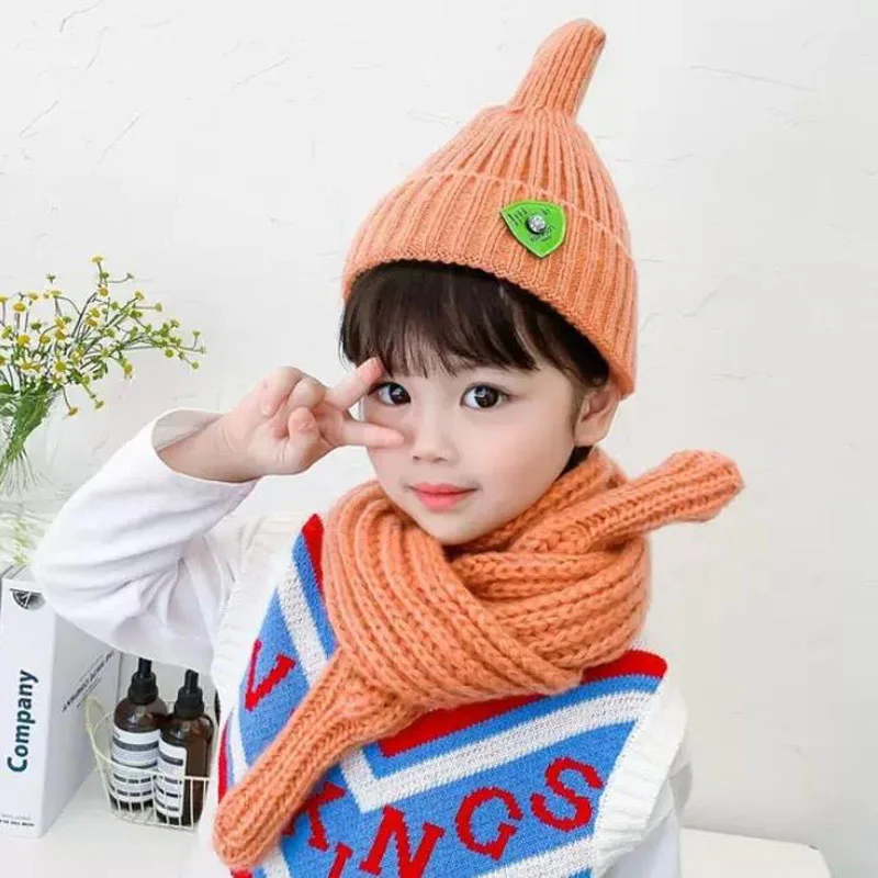 

Doitbest 3 to 8 years old winter beanie for kids child Pointy top solid warm Knit hats winter 2 pcs boy girl hat scarf set