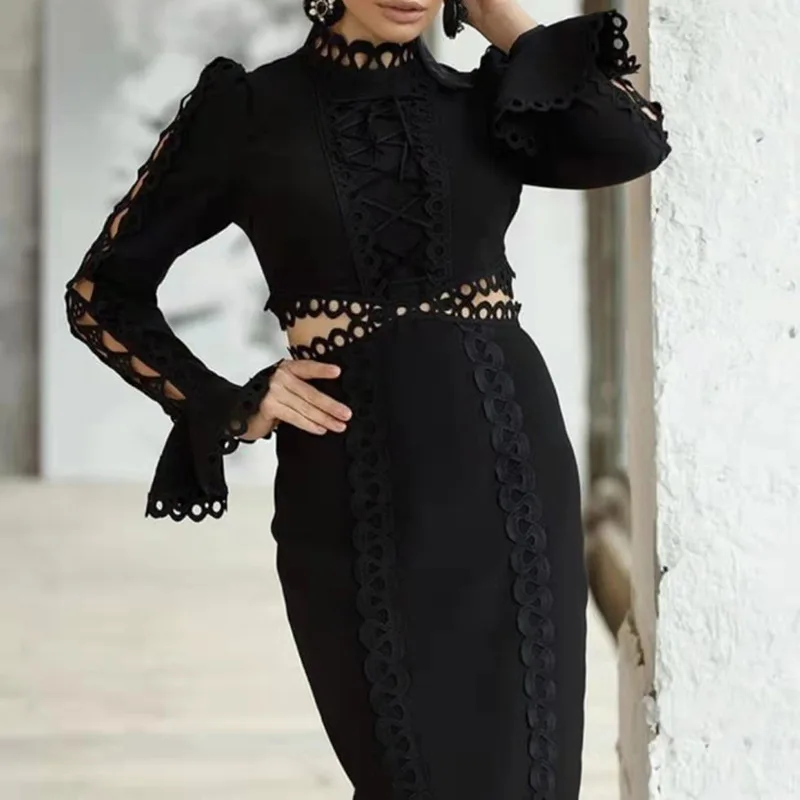 

Women Midi Sheath Dress Bodycon Sexy Stand Collar Hook Flower Hollow Out Lace Patchwork Lady Elegant Party Vestidos 2021 Autumn
